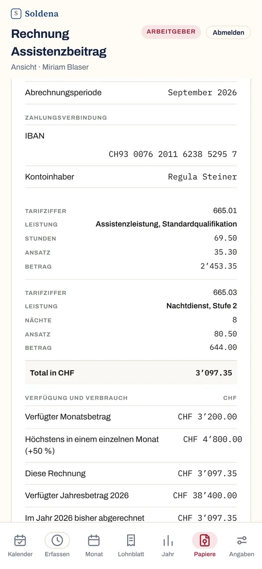 Die Rechnung an die IV-Stelle mit den Tarifziffern 665.01 und 665.03, dem Total von 3097.35 Franken und dem Stand der Verfügung.