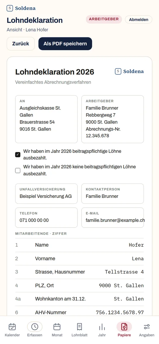 Die Lohndeklaration für die Ausgleichskasse, vollständig ausgefüllt mit amtlicher Feldnummerierung.