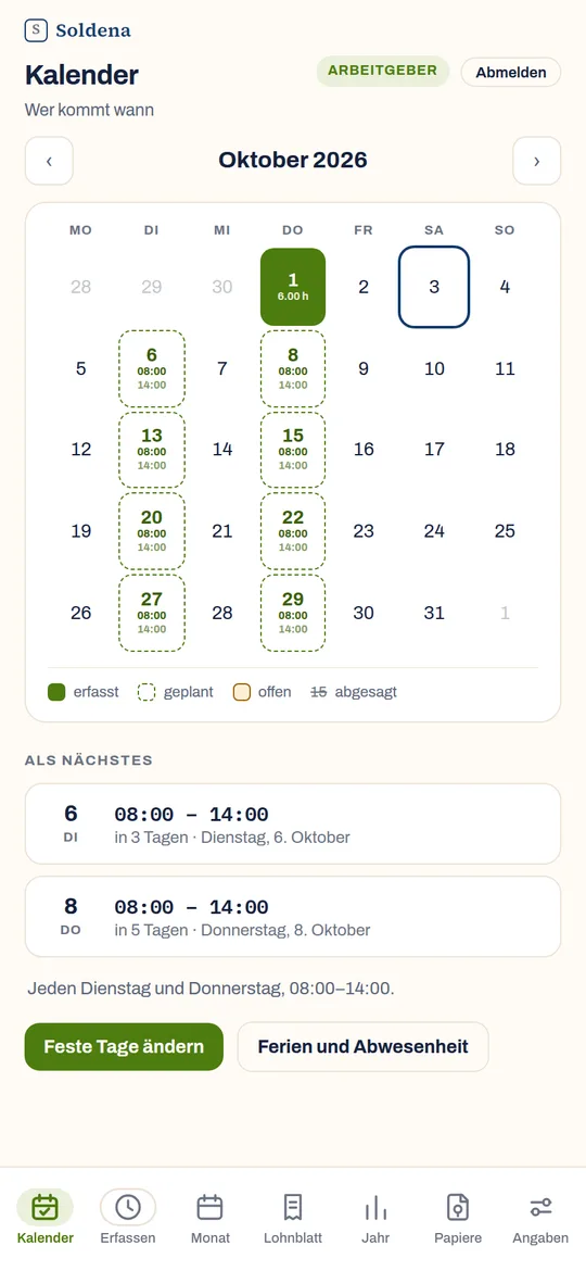 Der Kalender zeigt den September mit den erfassten Tagen und den Stunden je Tag.