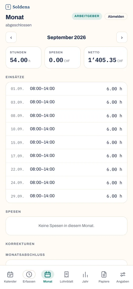 Der Monat September mit 54 Stunden, dem Nettolohn von 1405.35 Franken und der Liste aller Einsätze.