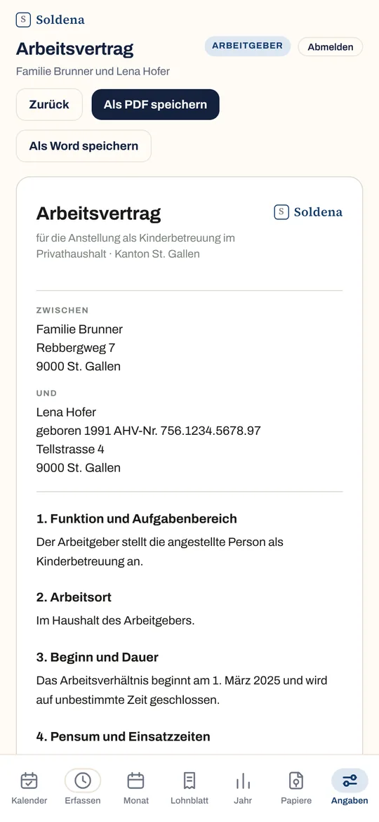 Der Arbeitsvertrag mit den beiden Parteien und den ersten Punkten: Funktion, Arbeitsort, Beginn und Dauer.