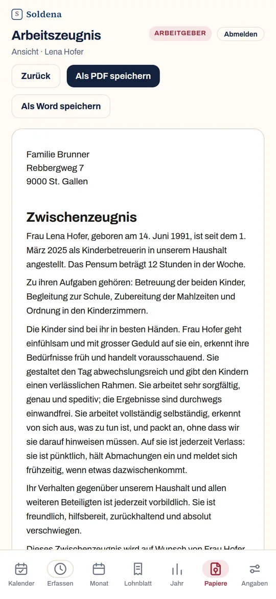 Ein Zwischenzeugnis im Schweizer Stil, aus den Angaben formuliert.